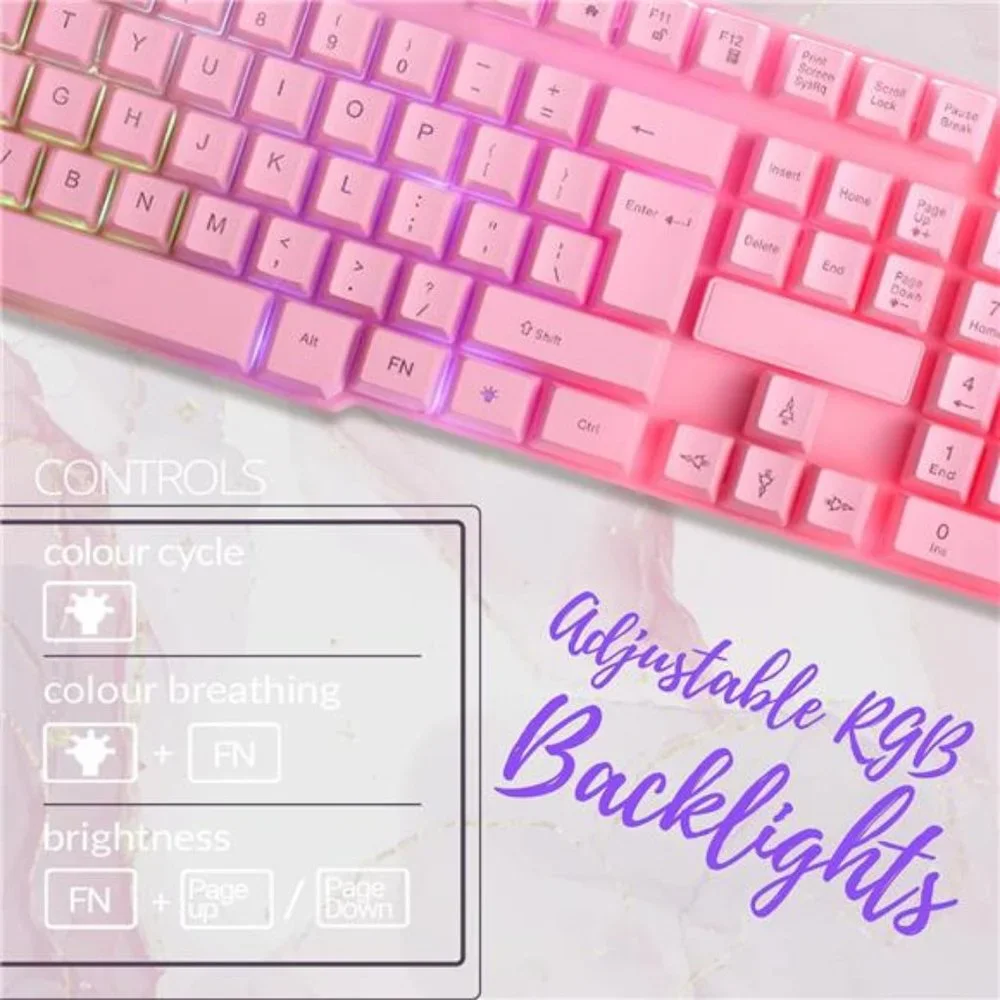 Pink Gaming Keyboard and Mouse Headset Headphones and Mouse pad, Wired LED RGB